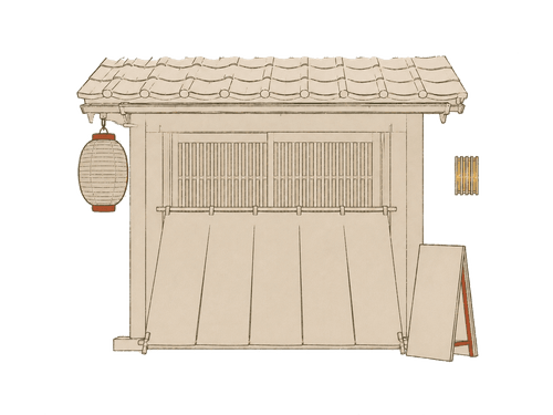 戸を閉じた店先に提灯がひとつ下がる、何もない路地の情景