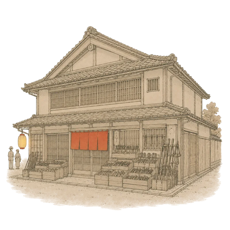 明治・大正期、赤い暖簾を掛けた商家の店構えの情景