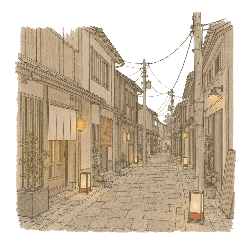 令和の今、提灯の灯りが並ぶ本寺小路の夜の情景